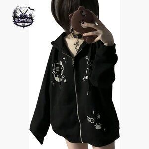 Oversized Y2K Zip-Up Hoodie with Cat Ears, Graphic Print, Streetwear Style
